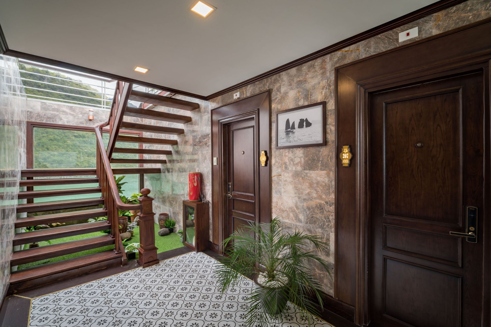 Wooden corridor and staircase inside a cruise ship