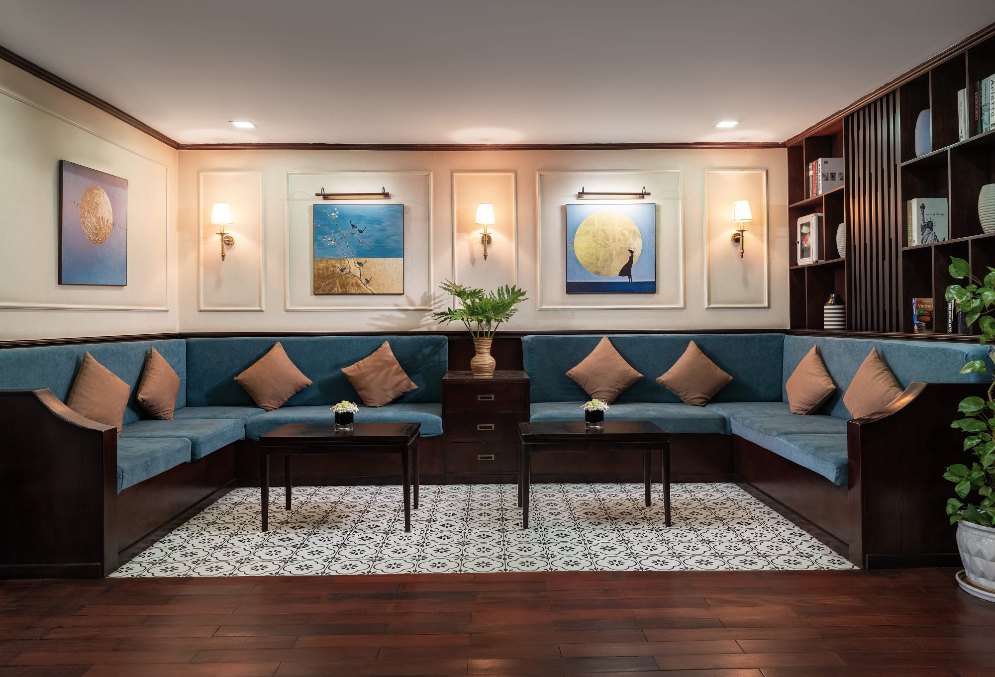 Common lounge with sofa seating on the cruise
