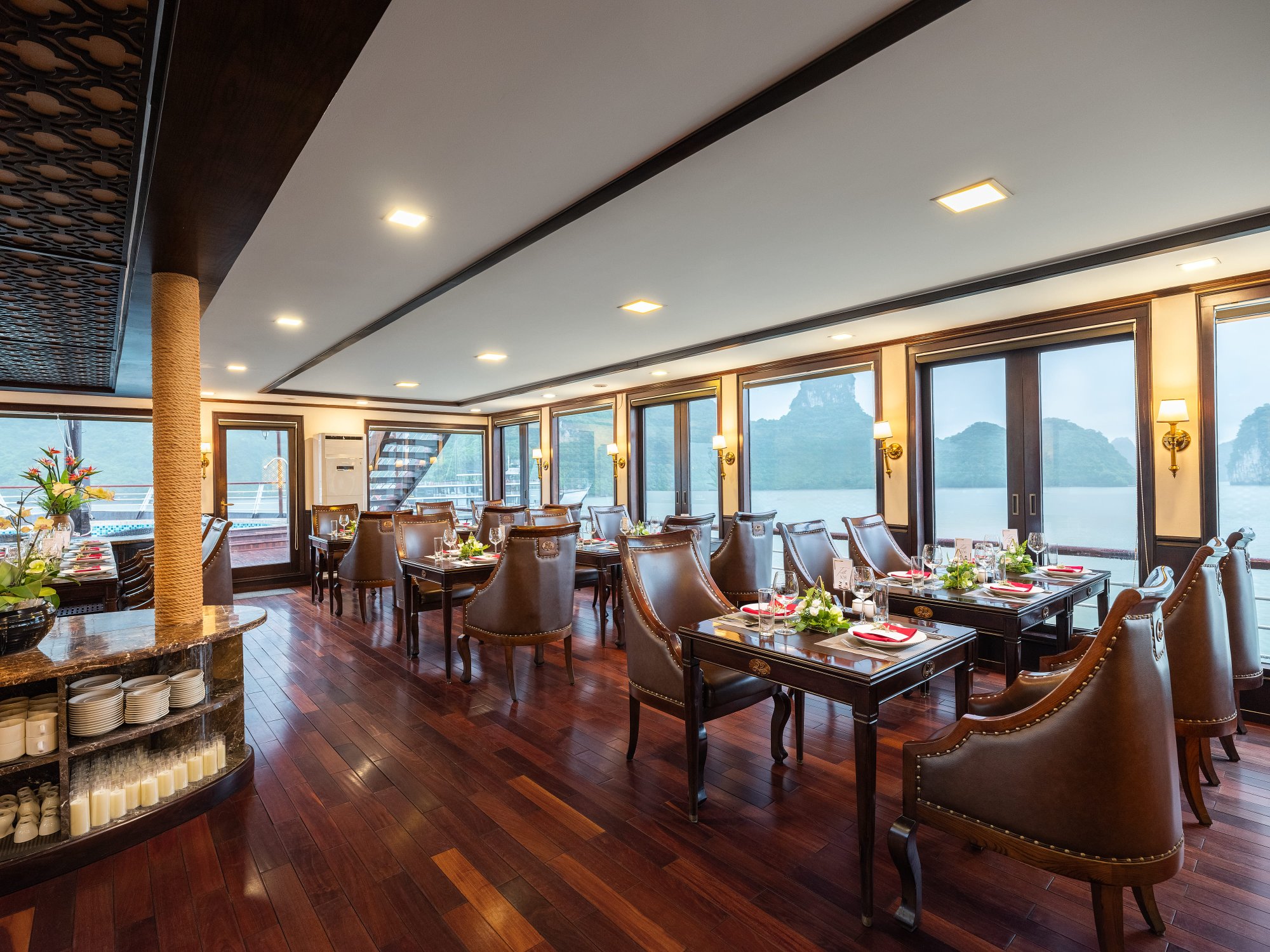 Spacious on-board restaurant with bay-view windows